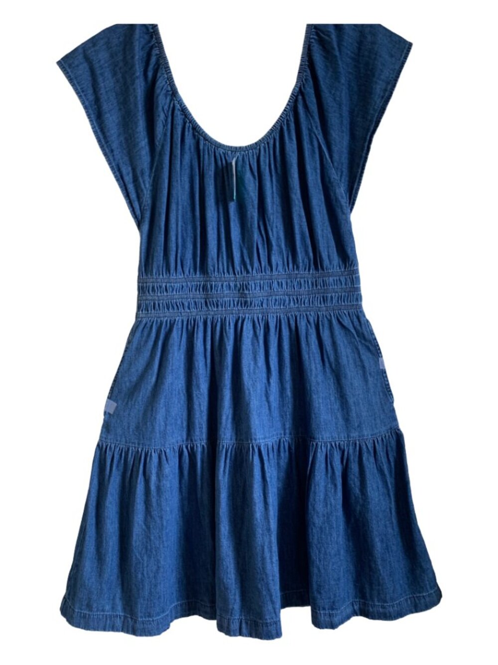 NWT GAP Denim Short Flutter Sleeve Tiered Round Neck Mini Dress w. Pockets Sz L - Picture 7 of 10